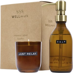 WELLmark 126308 - Wellmark Discovery 200 ml hand soap dispenser and 150 g scented candle set - bamboo fragrance Amber Heather